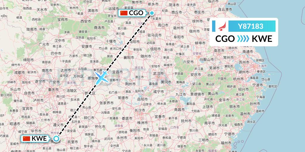 Y87183 Yangtze River Express Flight Map: Zhengzhou to Guiyang