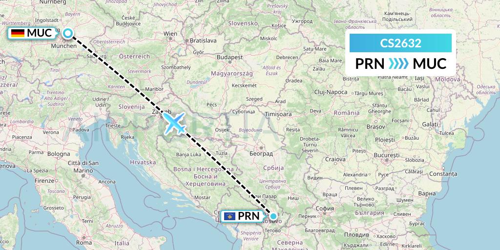 CS2632 Continental Micronesia Flight Map: Pristina to Munich