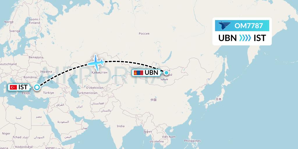 OM7787 MIAT Mongolian Airlines Flight Map: Ulan Bator to Istanbul