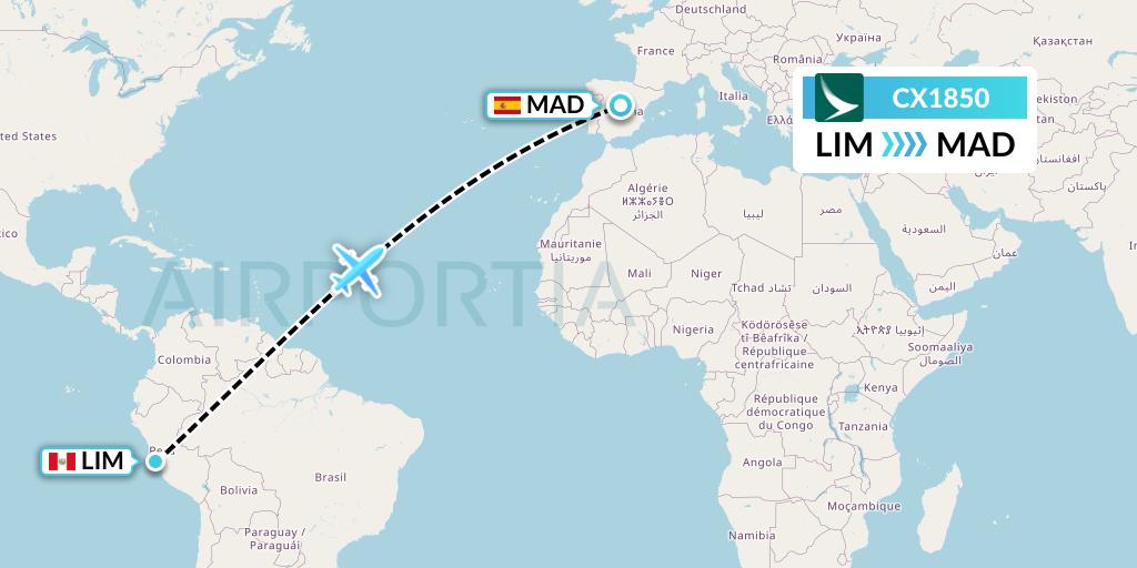 CX1850 Cathay Pacific Flight Map: Lima to Madrid