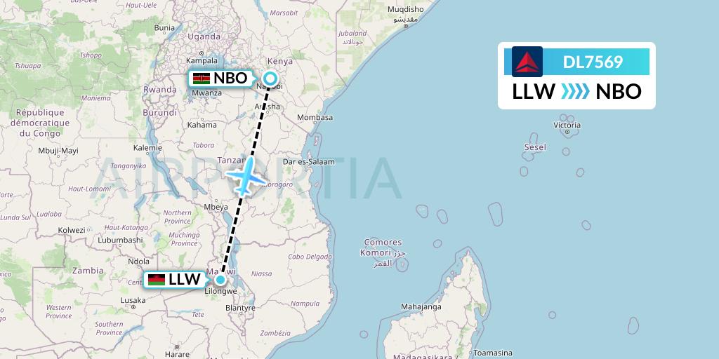 DL7569 Delta Air Lines Flight Map: Lilongwe to Nairobi