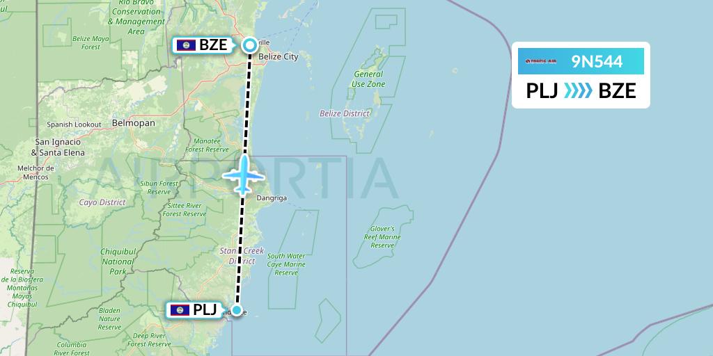 9N544 Tropic Air Flight Map: Placencia to Belize City