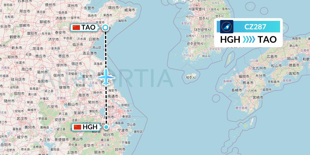 CZ287 China Southern Airlines Flight Map: Hangzhou to Qingdao