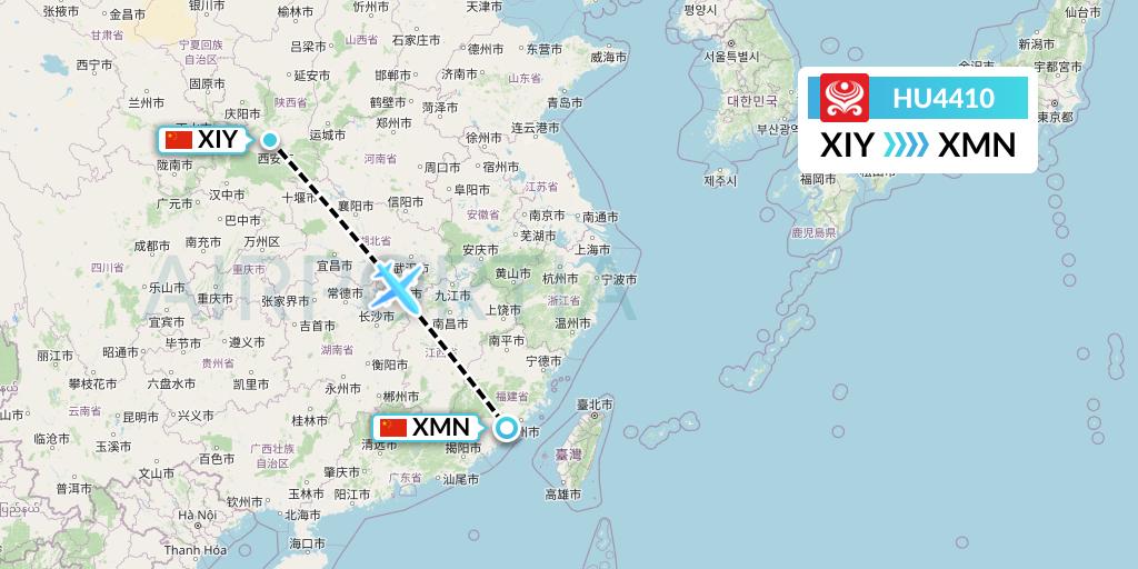 HU4410 Hainan Airlines Flight Map: Xi'an to Xiamen