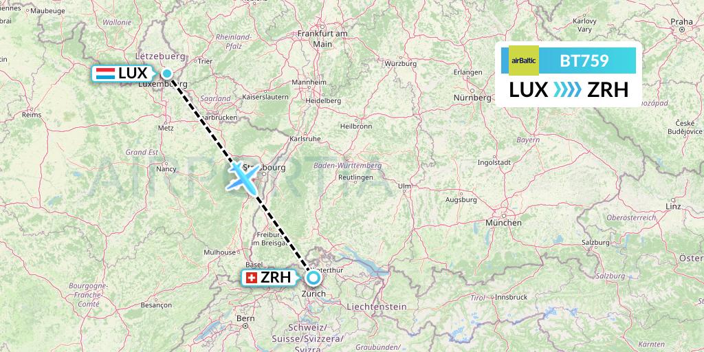 BT759 Air Baltic Flight Map: Luxembourg to Zurich