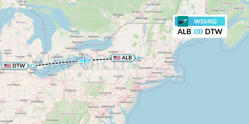 WS5402 WestJet Flight Map: Albany to Detroit