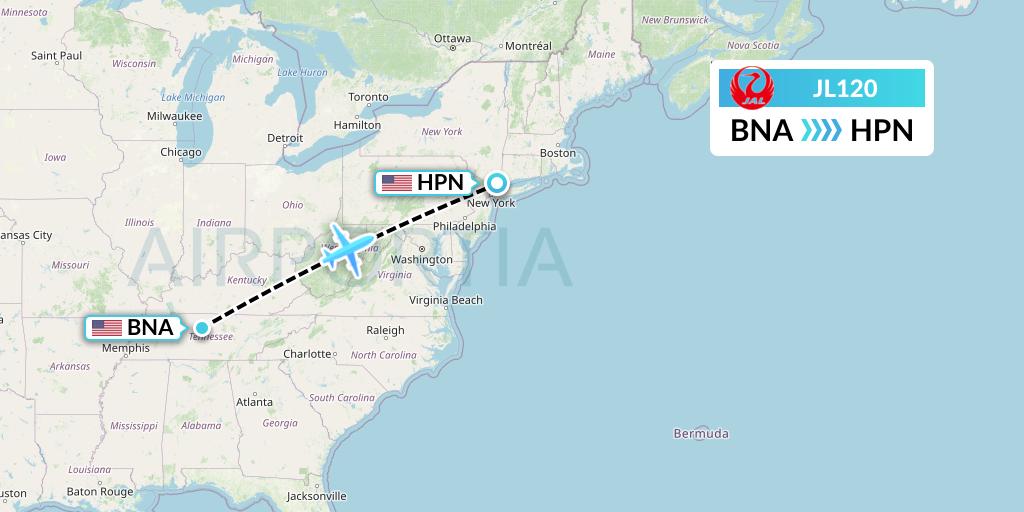JL120 Japan Airlines Flight Map: Nashville to White Plains