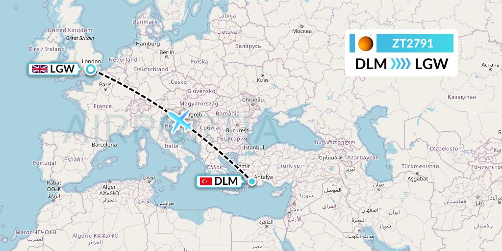 ZT2791 Titan Airways Flight Map: Dalaman to London