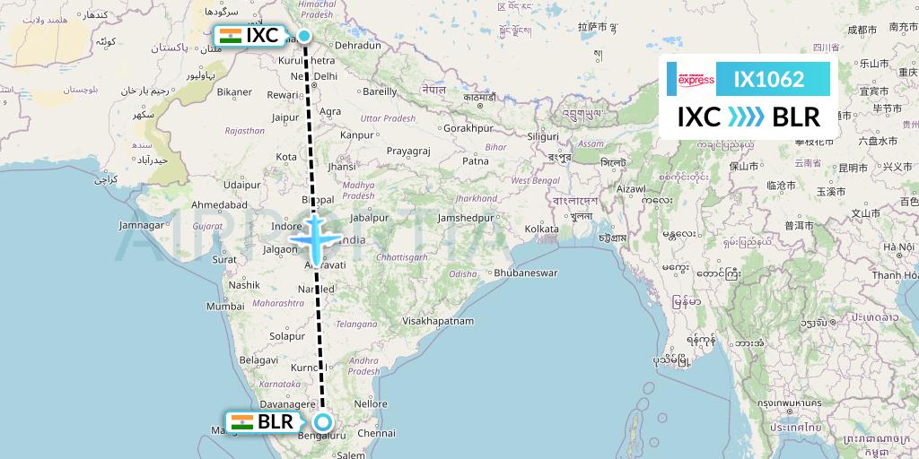 IX1062 Air India Express Flight Map: Chandigarh to Bangalore