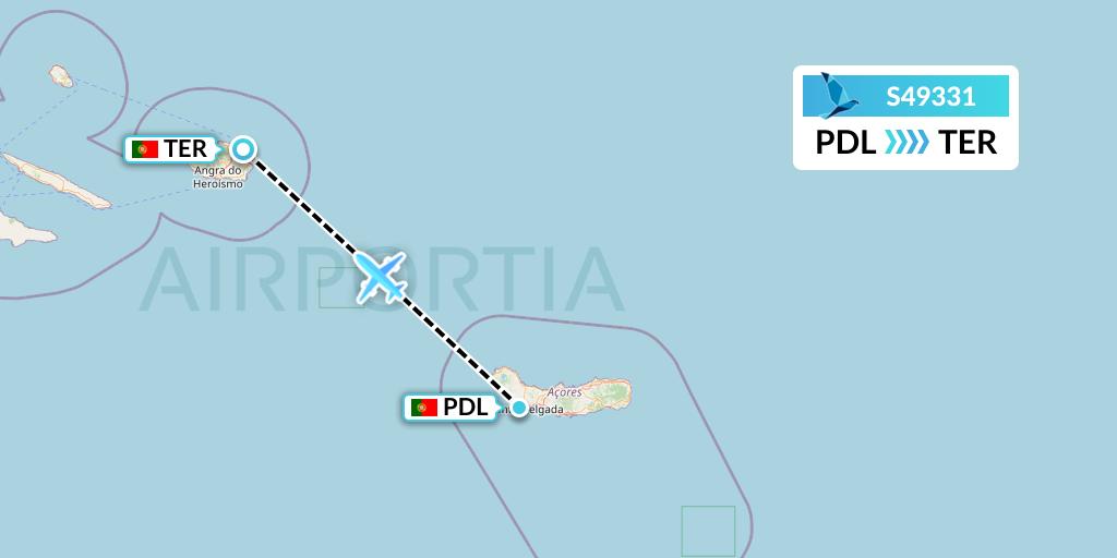 S49331 Azores Airlines Flight Map: Ponta Delgada to Lajes