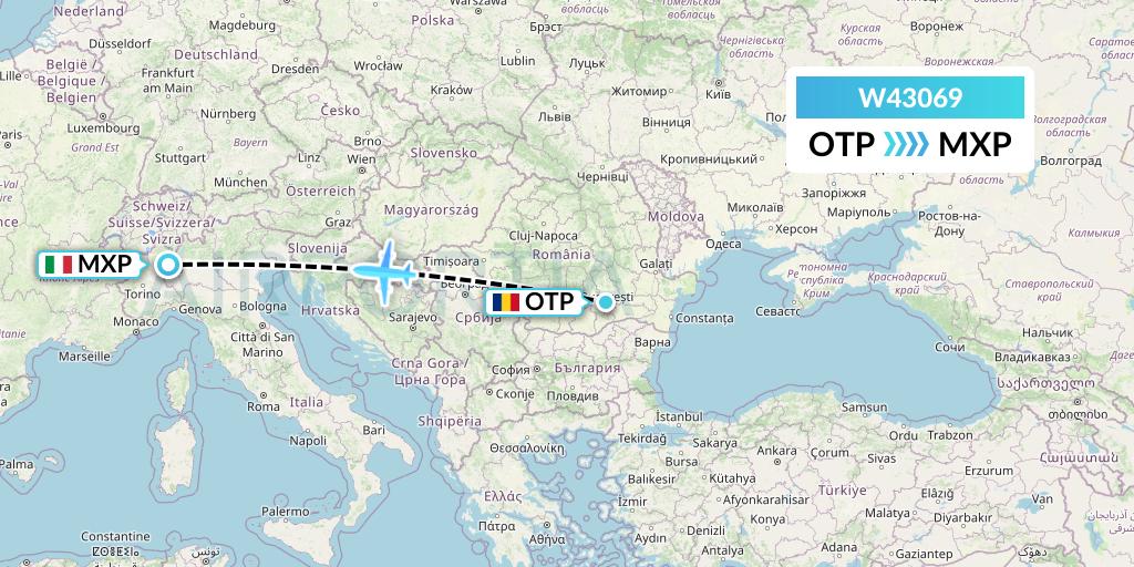W43069 Wizz Air Malta Flight Map: Bucharest to Milan