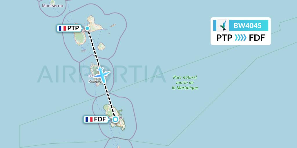 BW4045 Caribbean Airlines Flight Map: Pointe-a-Pitre to Fort-de-France