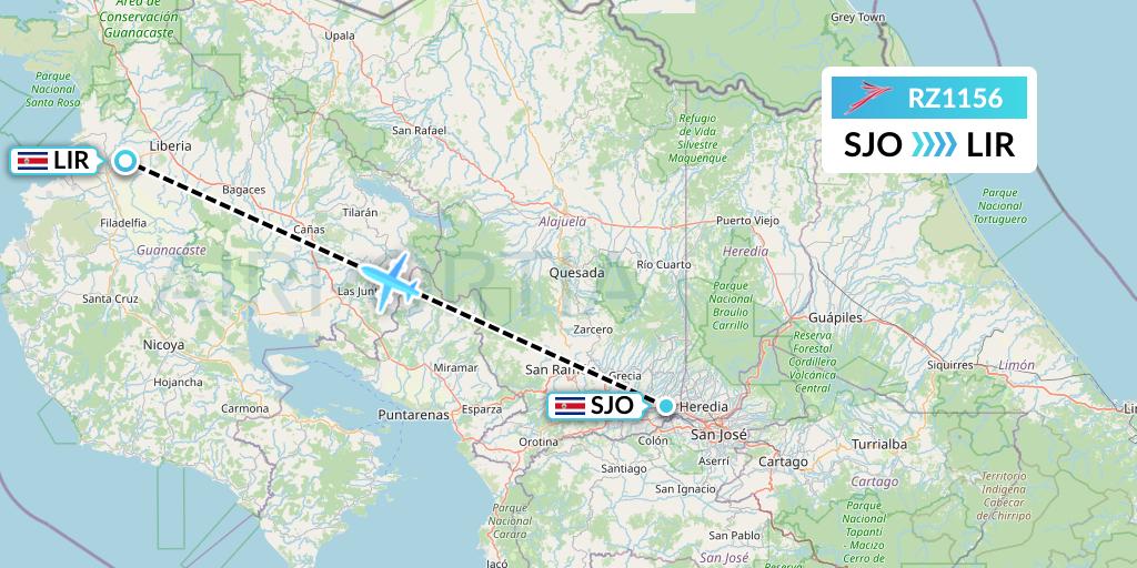 RZ1156 Sansa Airlines Flight Map: San Jose to Liberia