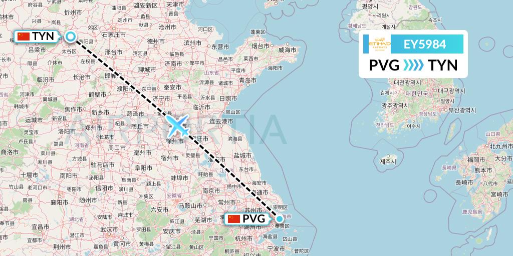 EY5984 Etihad Airways Flight Map: Shanghai to Taiyuan