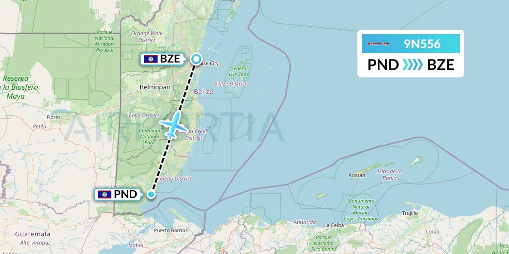 9N556 Tropic Air Flight Map: Punta Gorda to Belize City