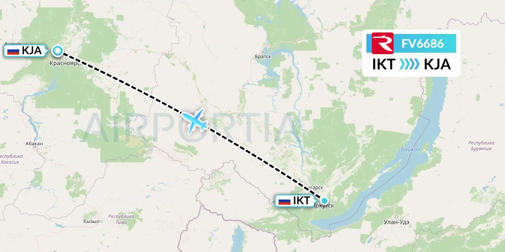 FV6686 Rossiya Flight Map: Irkutsk to Krasnoyarsk
