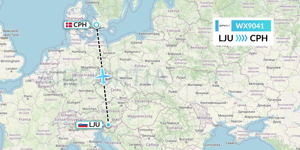 WX9041 Cityjet Flight Map: Ljubljana to Copenhagen