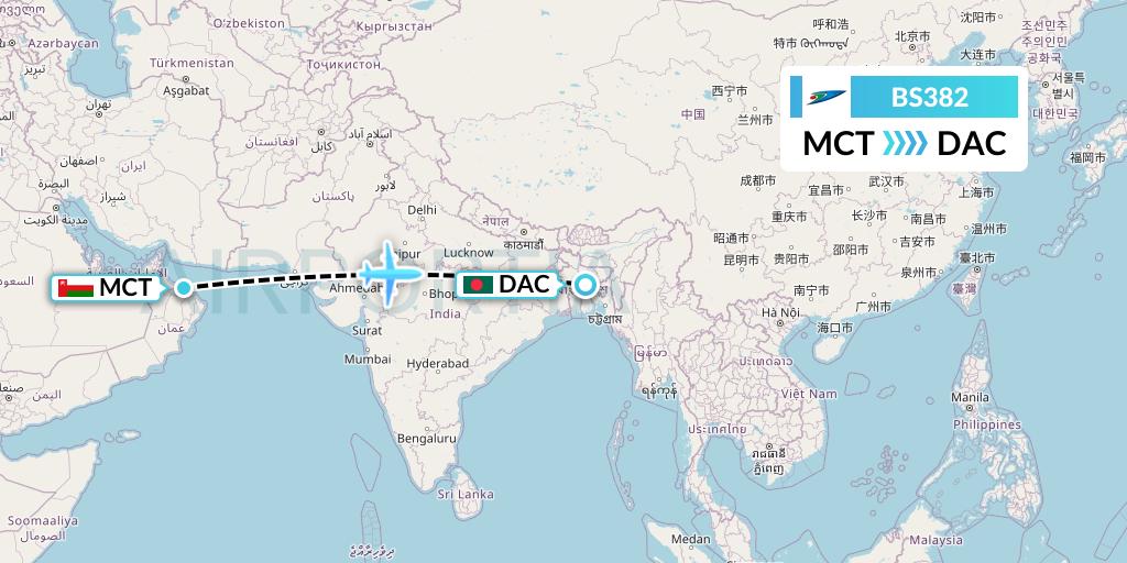 BS382 US-Bangla Airlines Flight Map: Muscat to Dhaka