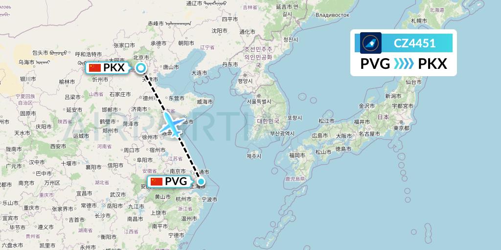 CZ4451 China Southern Airlines Flight Map: Shanghai to Beijing