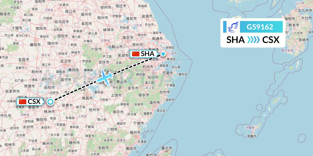 G59162 China Express Airlines Flight Map: Shanghai to Changsha