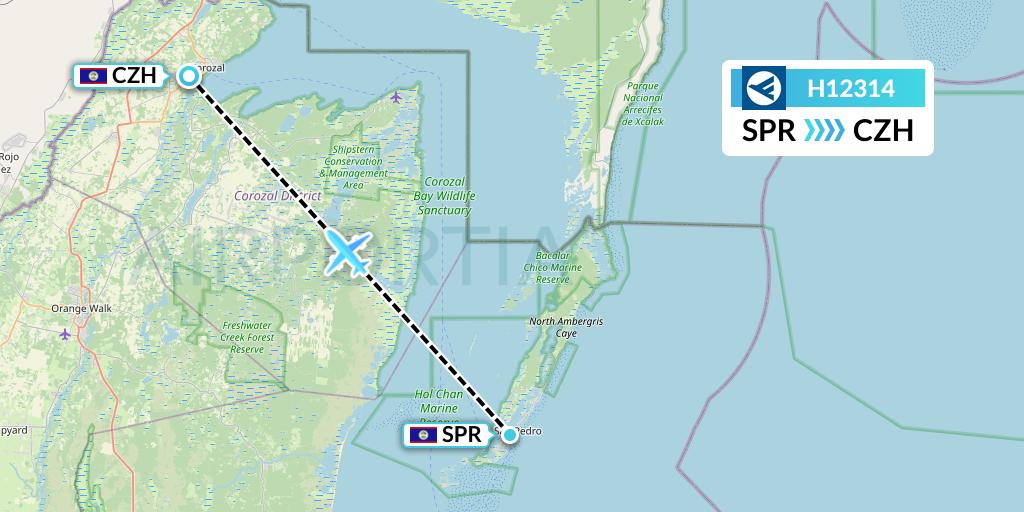 H12314 Hahn Air Systems Flight Map: San Pedro to Corozal