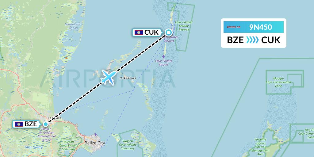 9N450 Tropic Air Flight Map: Belize City to Caye Caulker