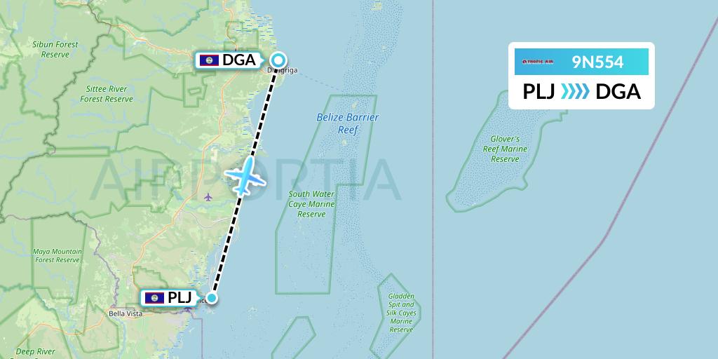 9N554 Tropic Air Flight Map: Placencia to Dangriga