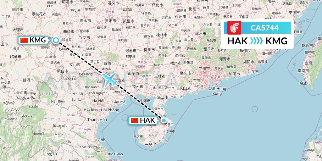 CA5744 Air China Flight Map: Haikou to Kunming