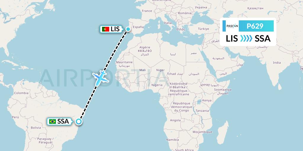 P629 Pascan Aviation Flight Map: Lisbon to Salvador