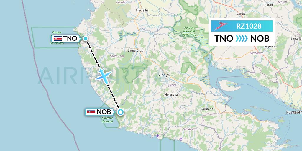 RZ1028 Sansa Airlines Flight Map: Santa Cruz to Nicoya