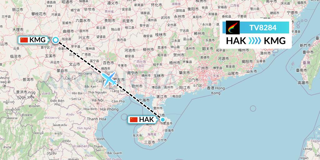 TV8284 Tibet Airlines Flight Map: Haikou to Kunming