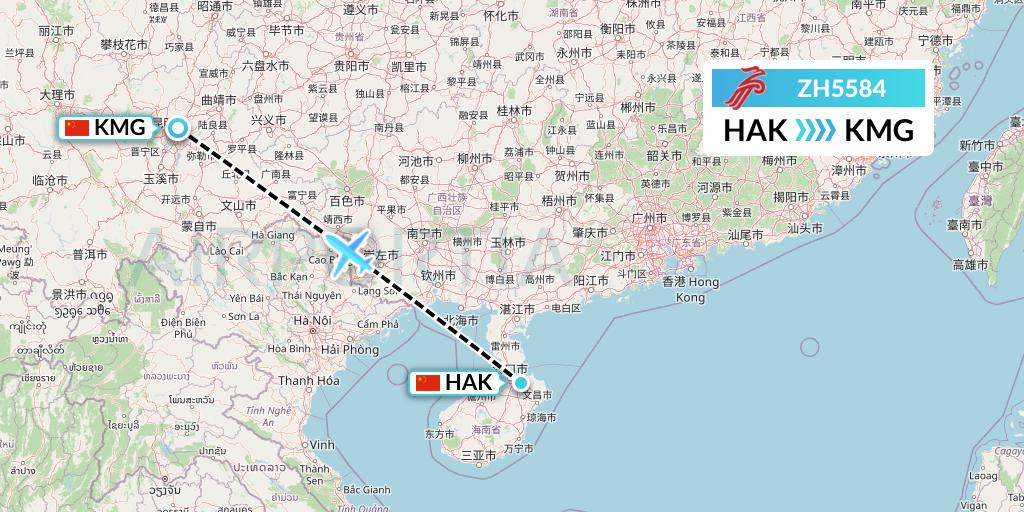 ZH5584 Shenzhen Airlines Flight Map: Haikou to Kunming