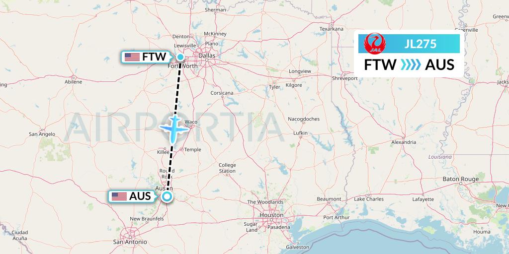 JL275 Japan Airlines Flight Map: Fort Worth to Austin