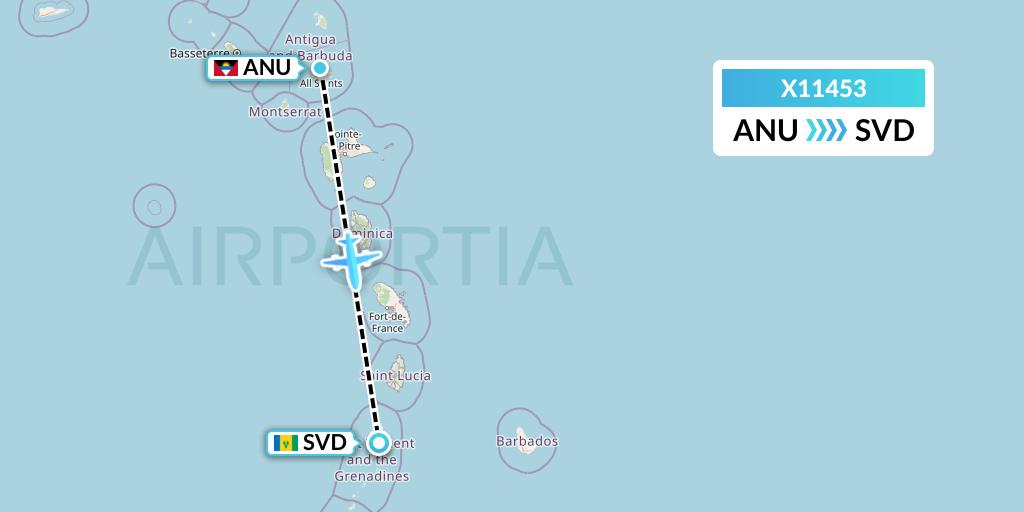 X11453 Nik Airways Flight Map: Antigua to Kingstown