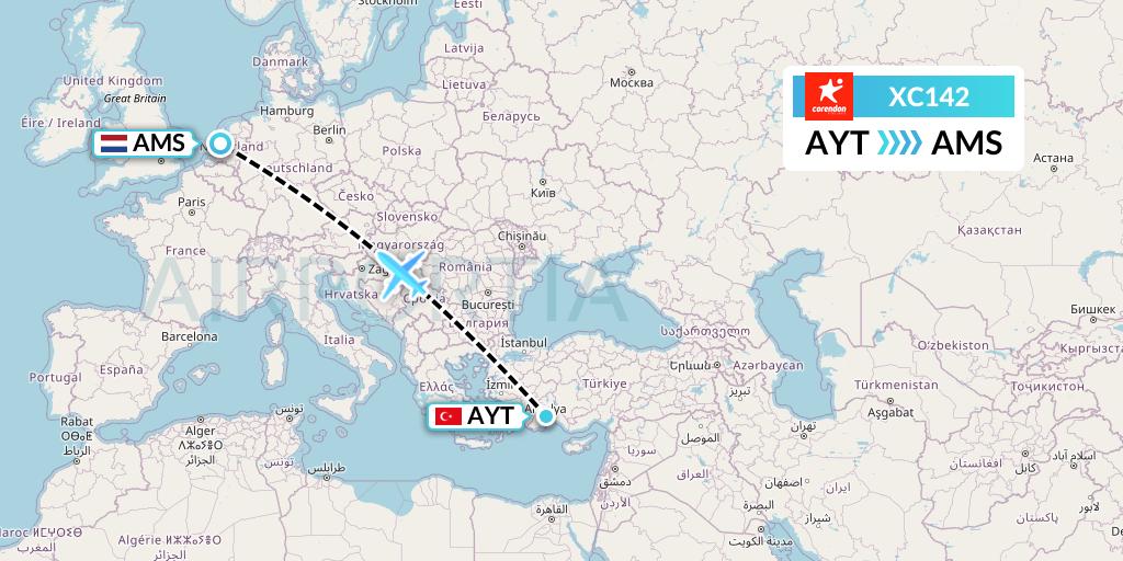 XC142 Corendon Airlines Flight Map: Antalya to Amsterdam