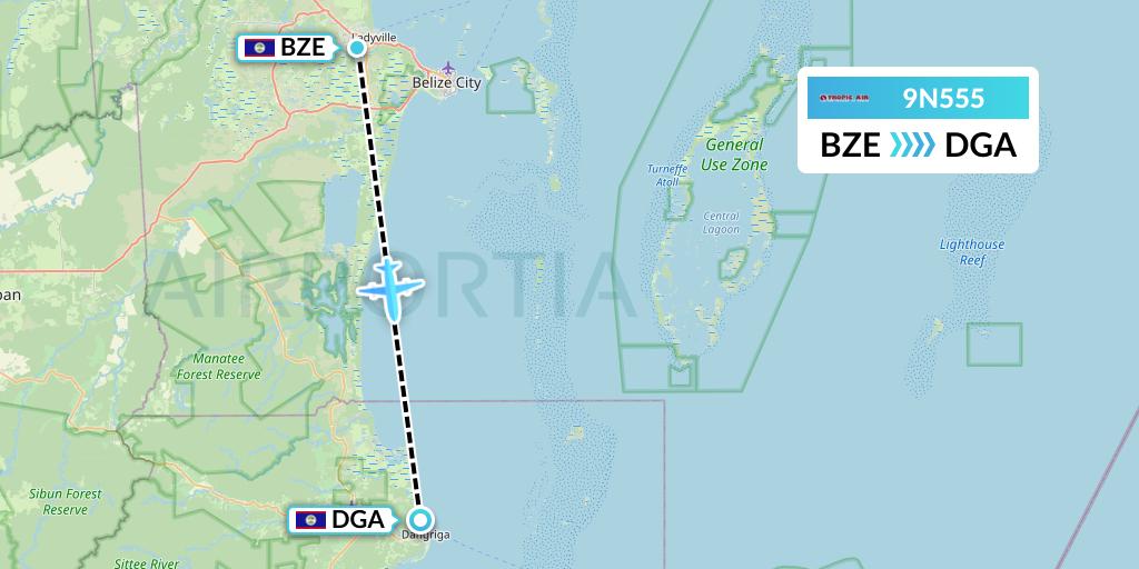9N555 Tropic Air Flight Map: Belize City to Dangriga