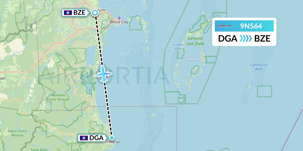 9N564 Tropic Air Flight Map: Dangriga to Belize City