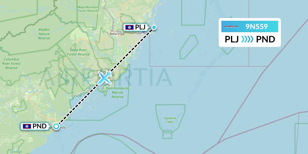 9N559 Tropic Air Flight Map: Placencia to Punta Gorda