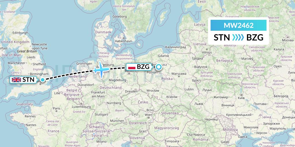MW2462 Mokulele Flight Service Flight Map: London to Bydgoszcz