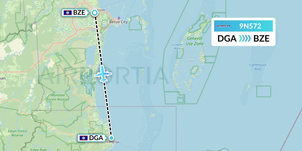 9N572 Tropic Air Flight Map: Dangriga to Belize City
