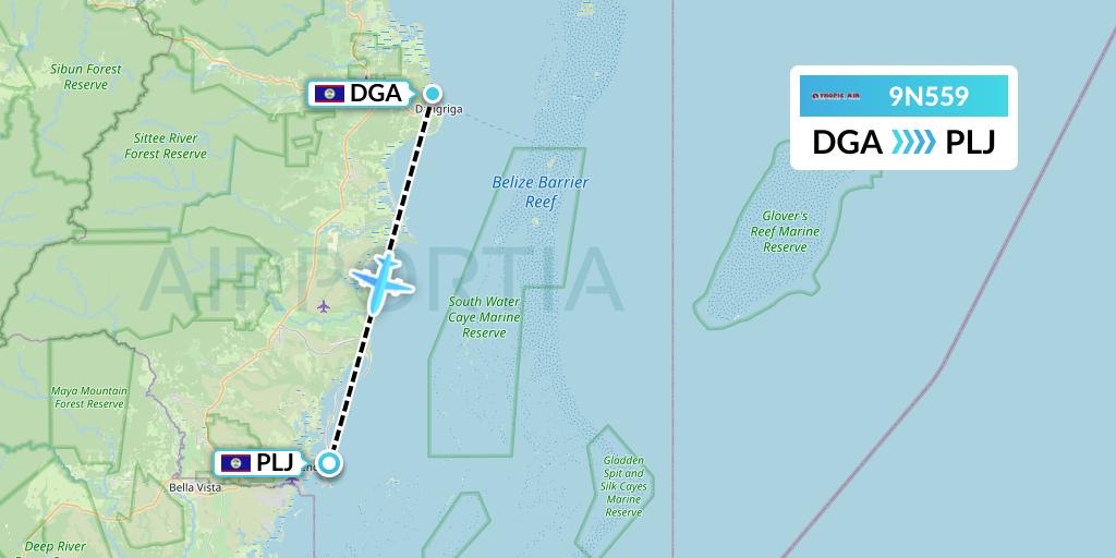 9N559 Tropic Air Flight Map: Dangriga to Placencia