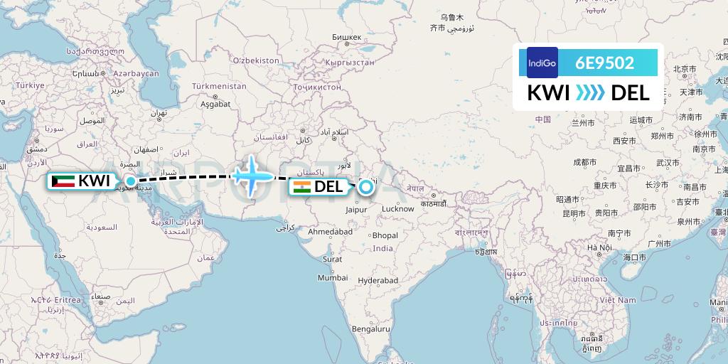 6E9502 IndiGo Airlines Flight Map: Kuwait City to Delhi