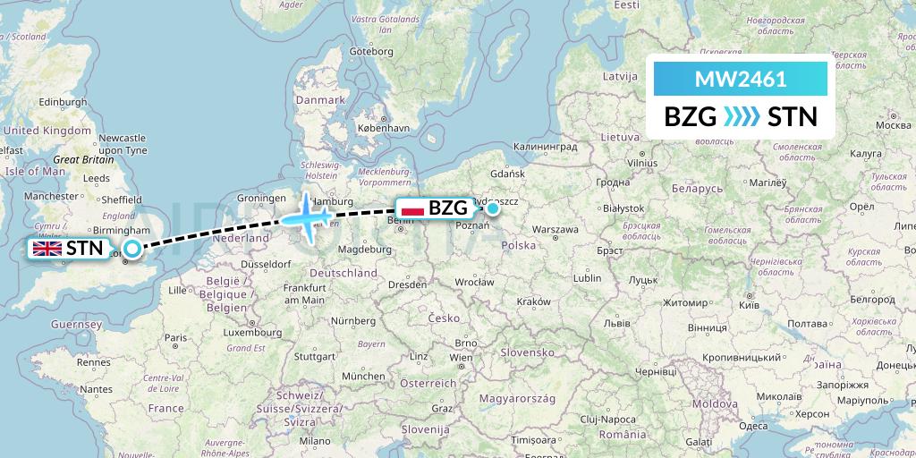 MW2461 Mokulele Flight Service Flight Map: Bydgoszcz to London