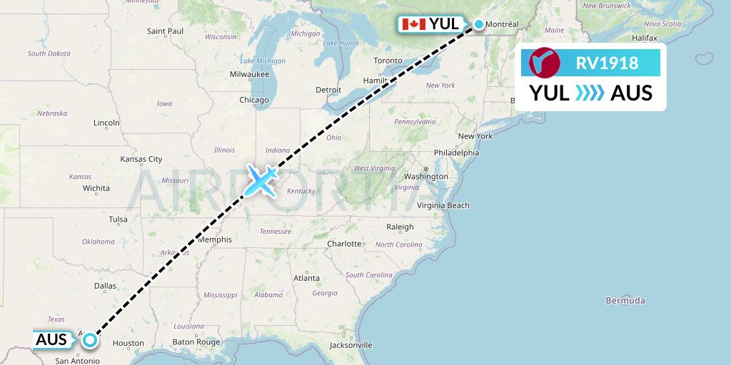 RV1918 Air Canada Rouge Flight Map: Montreal to Austin