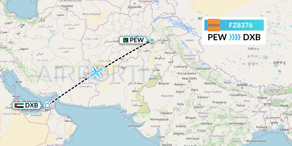 FZ8376 FlyDubai Flight Map: Peshawar to Dubai
