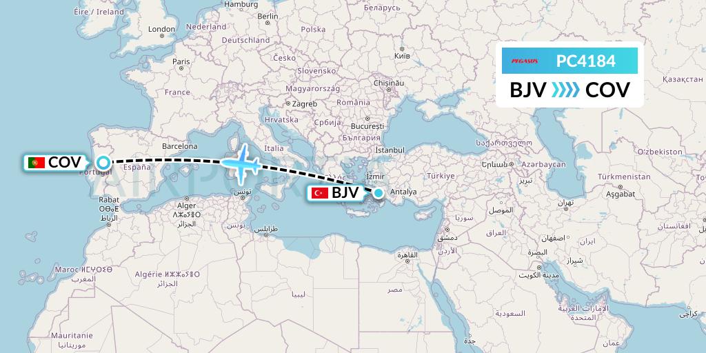 PC4184 Pegasus Airlines Flight Map: Bodrum to Portugal