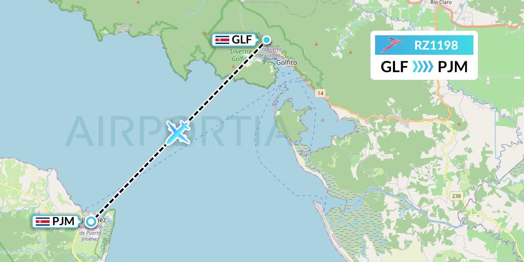 RZ1198 Sansa Airlines Flight Map: Golfito to Puerto Jimenez