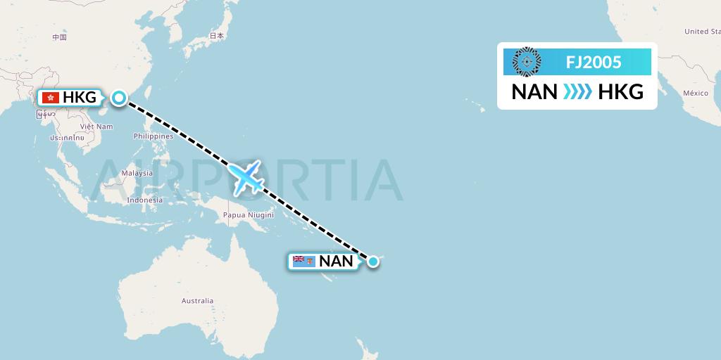 FJ2005 Fiji Airways Flight Map: Nadi to Hong Kong