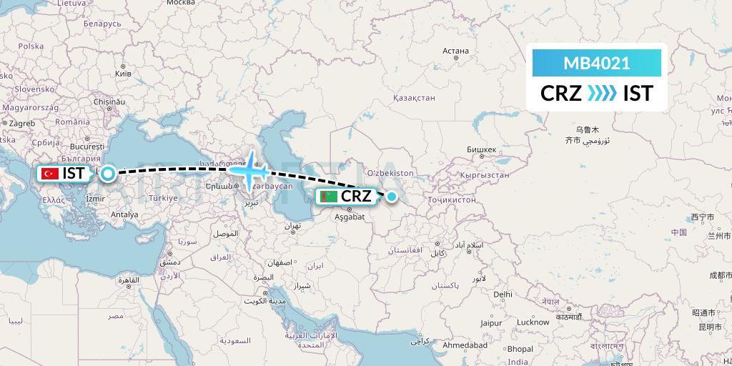 MB4021 MNG Airlines Flight Map: Turkmenabat to Istanbul