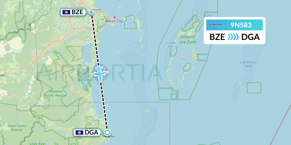 9N583 Tropic Air Flight Map: Belize City to Dangriga